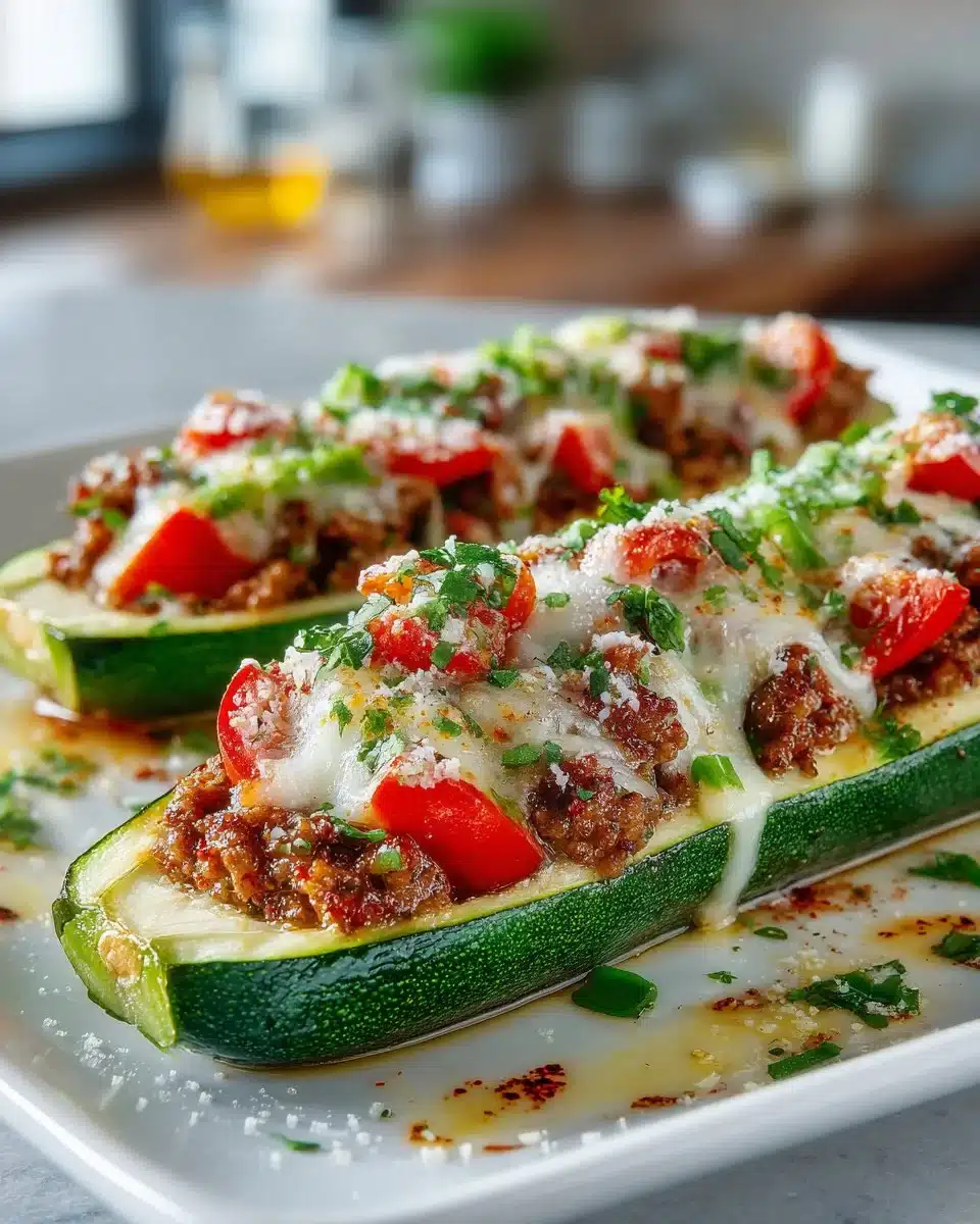 Stuffed zucchini boats with turkey and vegetables, ready to serve on a plate.