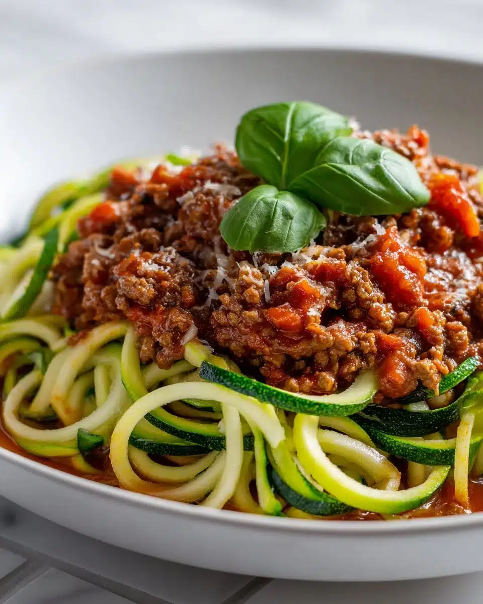 Zucchini Noodle Beef Bolognese served in a bowl with fresh basil garnish