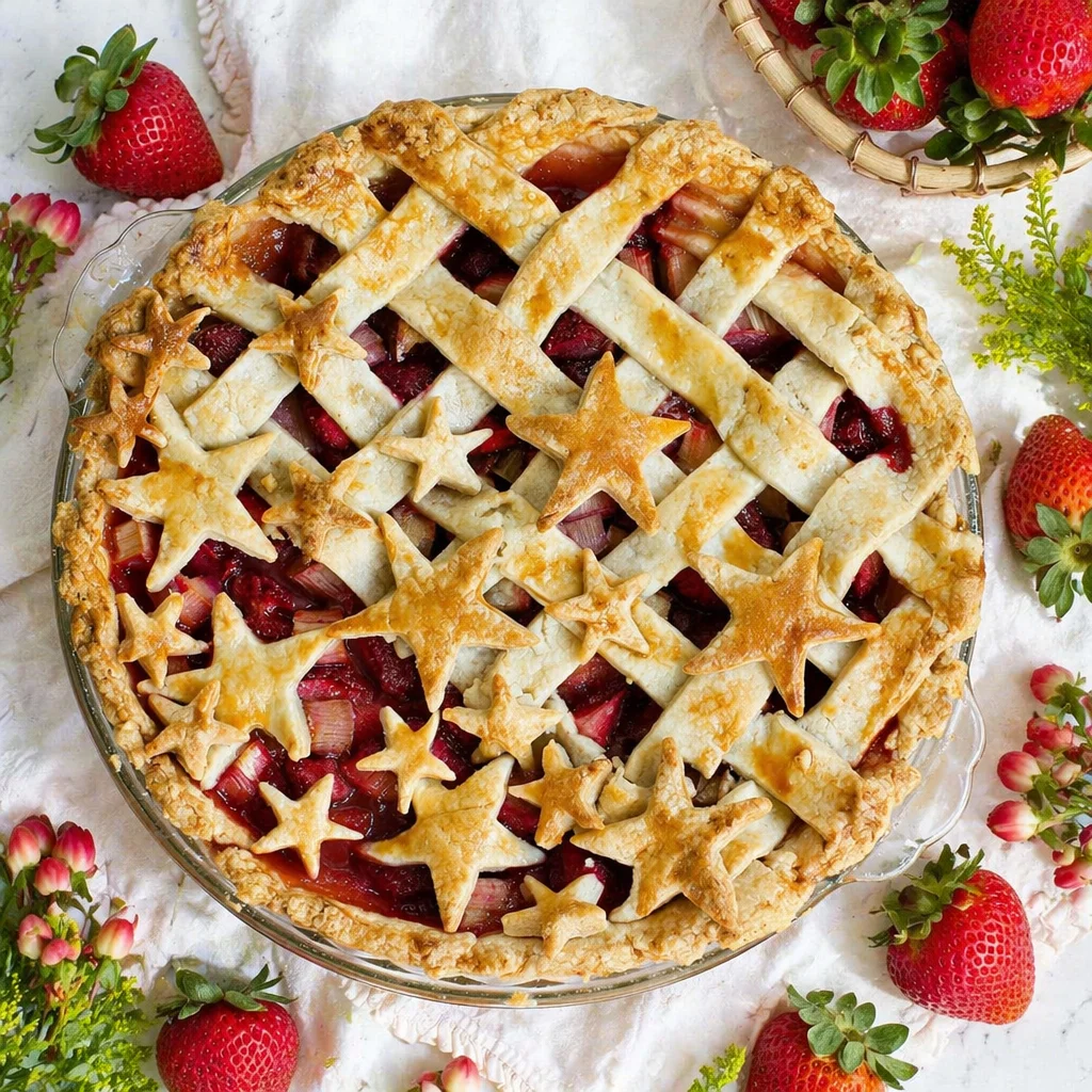 Delicious 4th of July Strawberry Rhubarb Pie with a buttery crust and star cutouts.