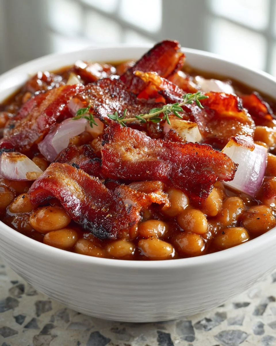Baked beans with smoked turkey bacon in a serving bowl