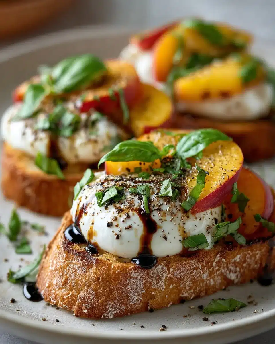 Delicious Balsamic Peach Burrata Toast topped with fresh peaches and creamy cheese