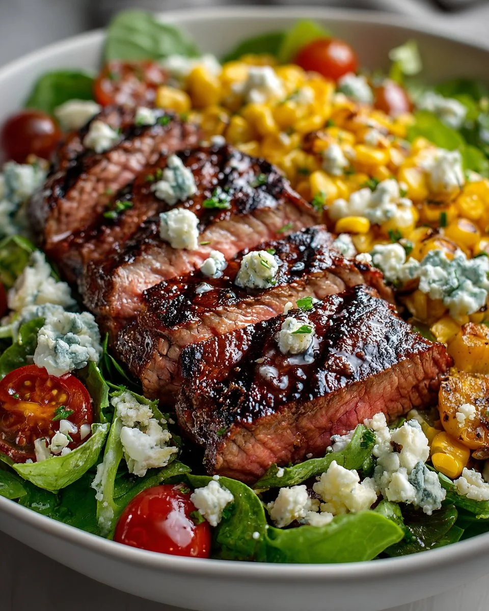 Balsamic steak gorgonzola salad with grilled corn on a plate