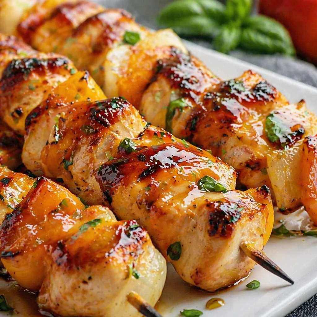 Delicious BBQ Chicken Skewers with Peach Glaze featuring grilled chicken and peaches.