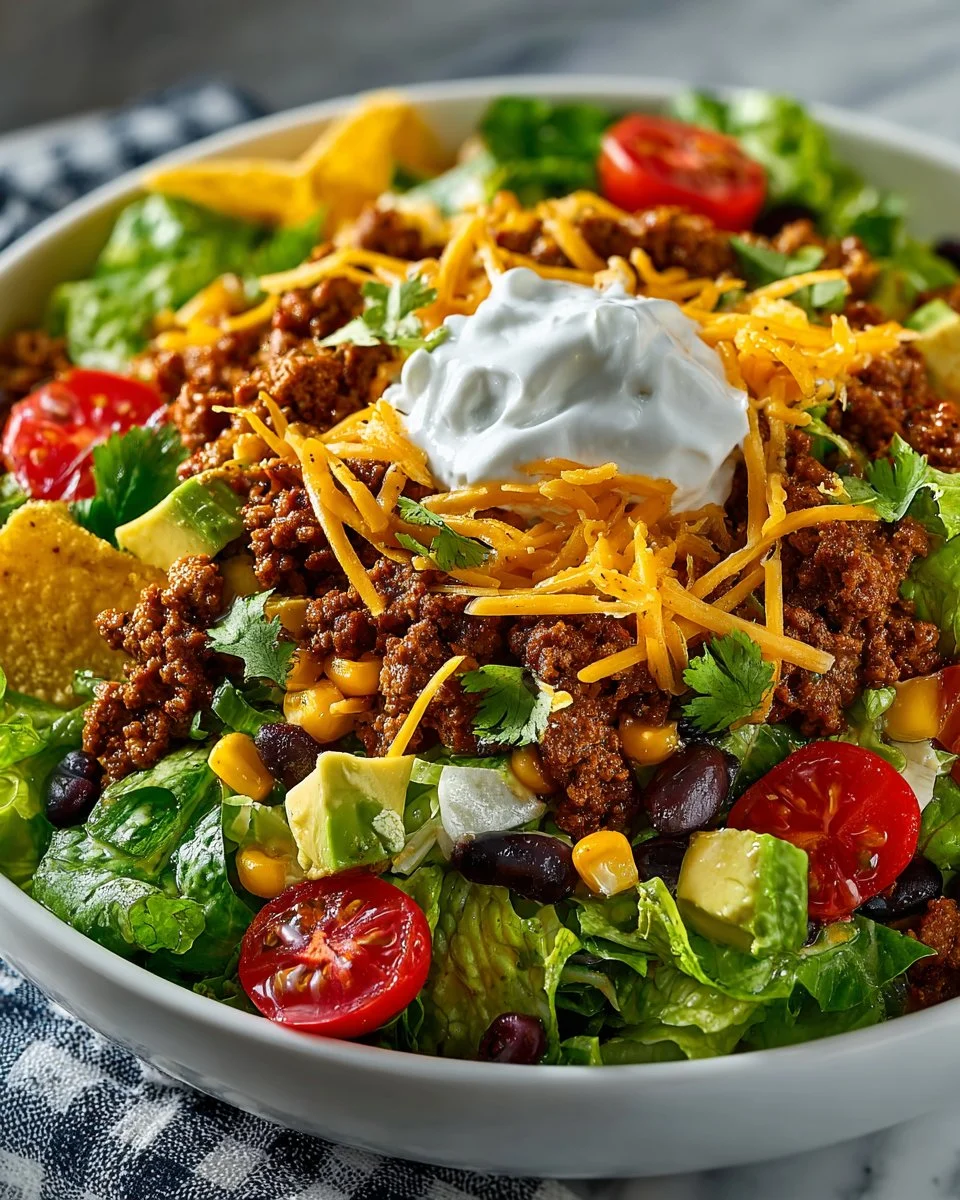 Delicious beef taco salad topped with fresh vegetables and tortilla strips