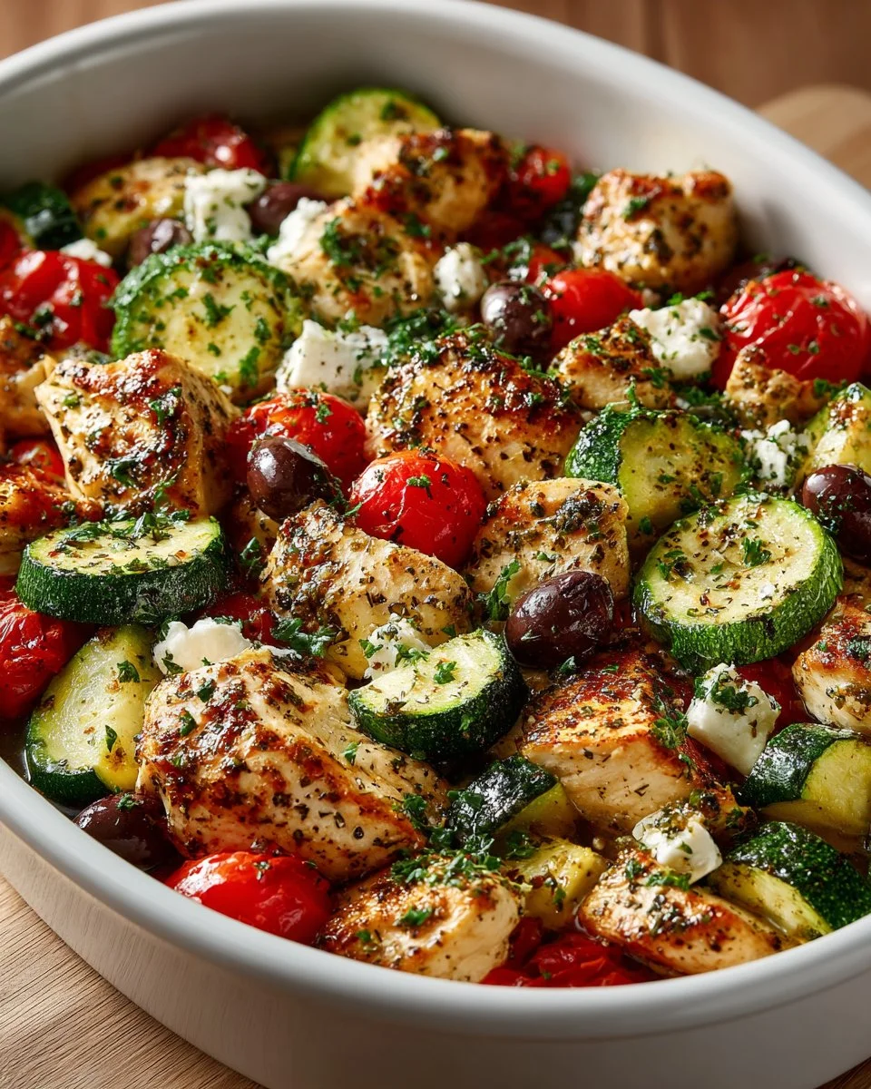 Mediterranean Chicken Zucchini Bake with fresh vegetables and herbs