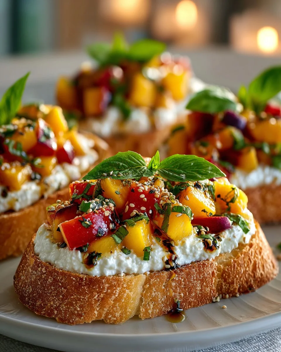 Delicious peach bruschetta topped with whipped ricotta on a wooden serving board.