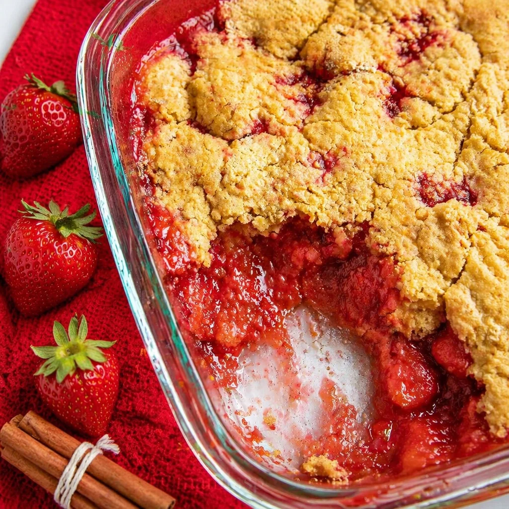 Delicious Best Rhubarb and Strawberry Dump Cake served warm with ice cream.