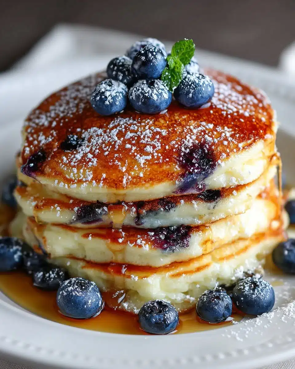 Delicious blueberry ricotta pancakes stacked on a plate with fresh berries.