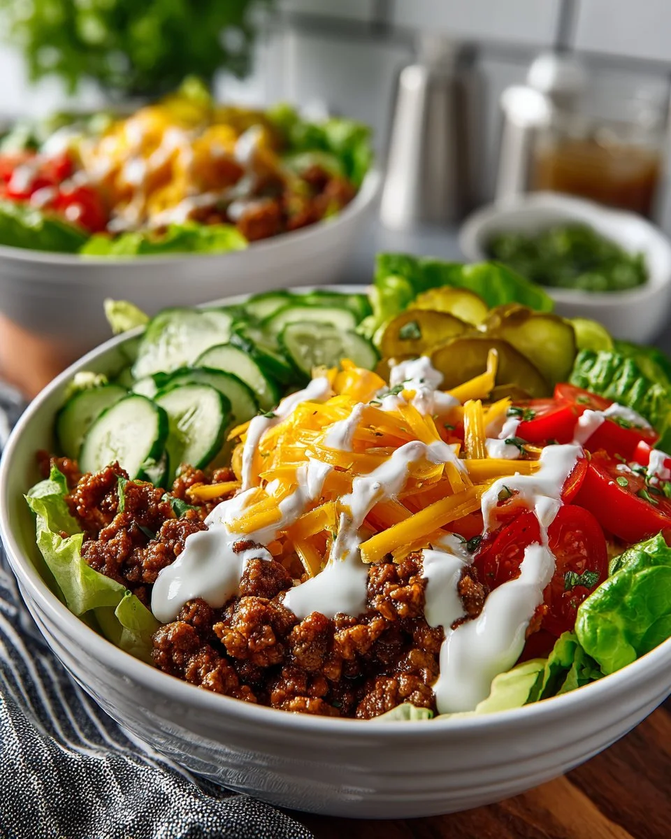 Deliciously layered burger bowls with fresh ingredients and savory flavors