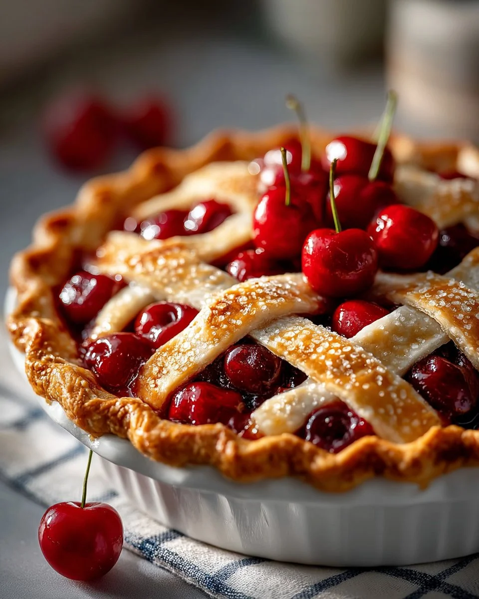 Classic cherry pie with flaky crust fresh out of the oven