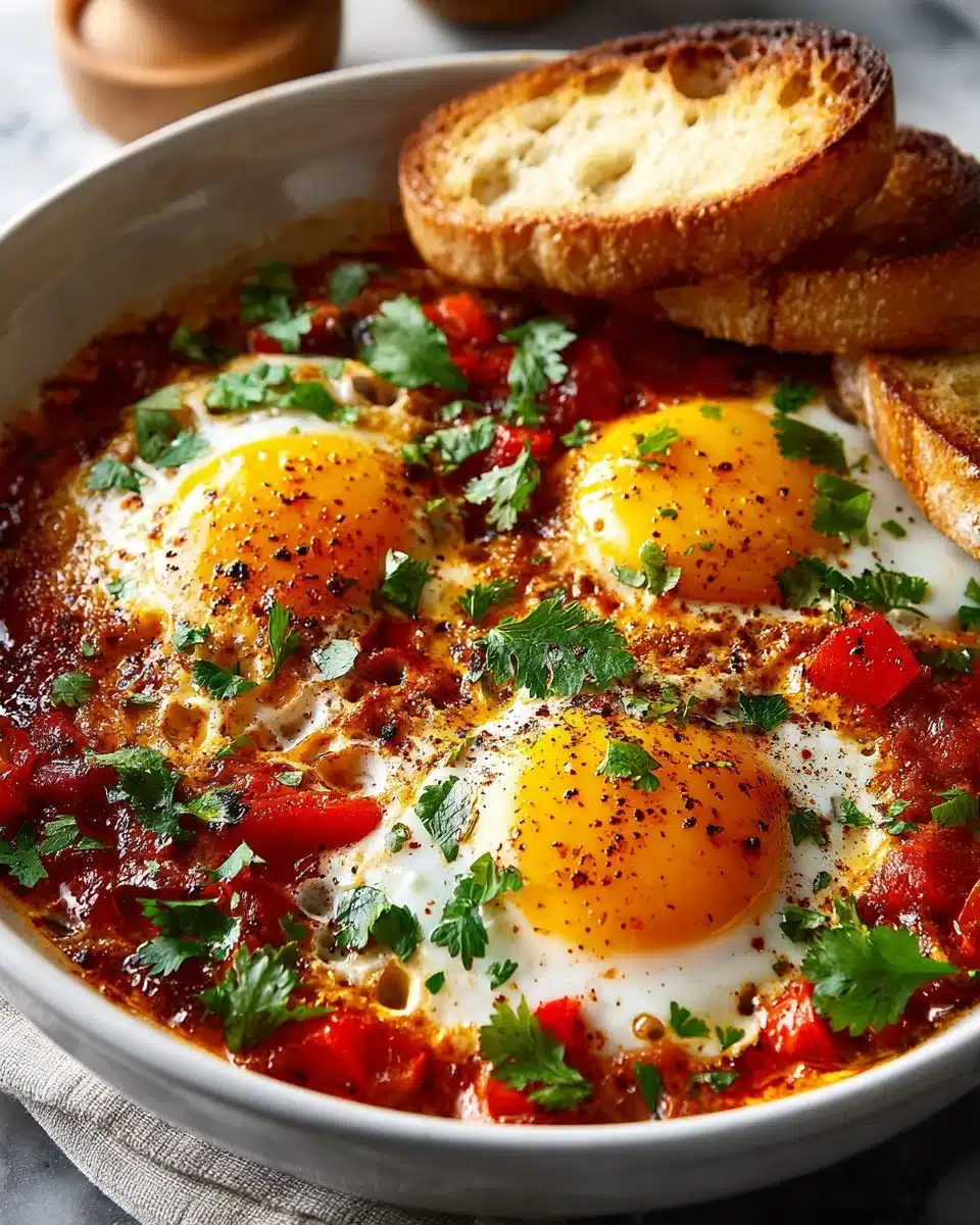 Classic Shakshuka with poached eggs in spicy tomato sauce served in skillet