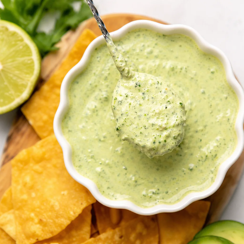 Creamy jalapeno lime dipping sauce in a bowl ready for serving with tortilla chips.