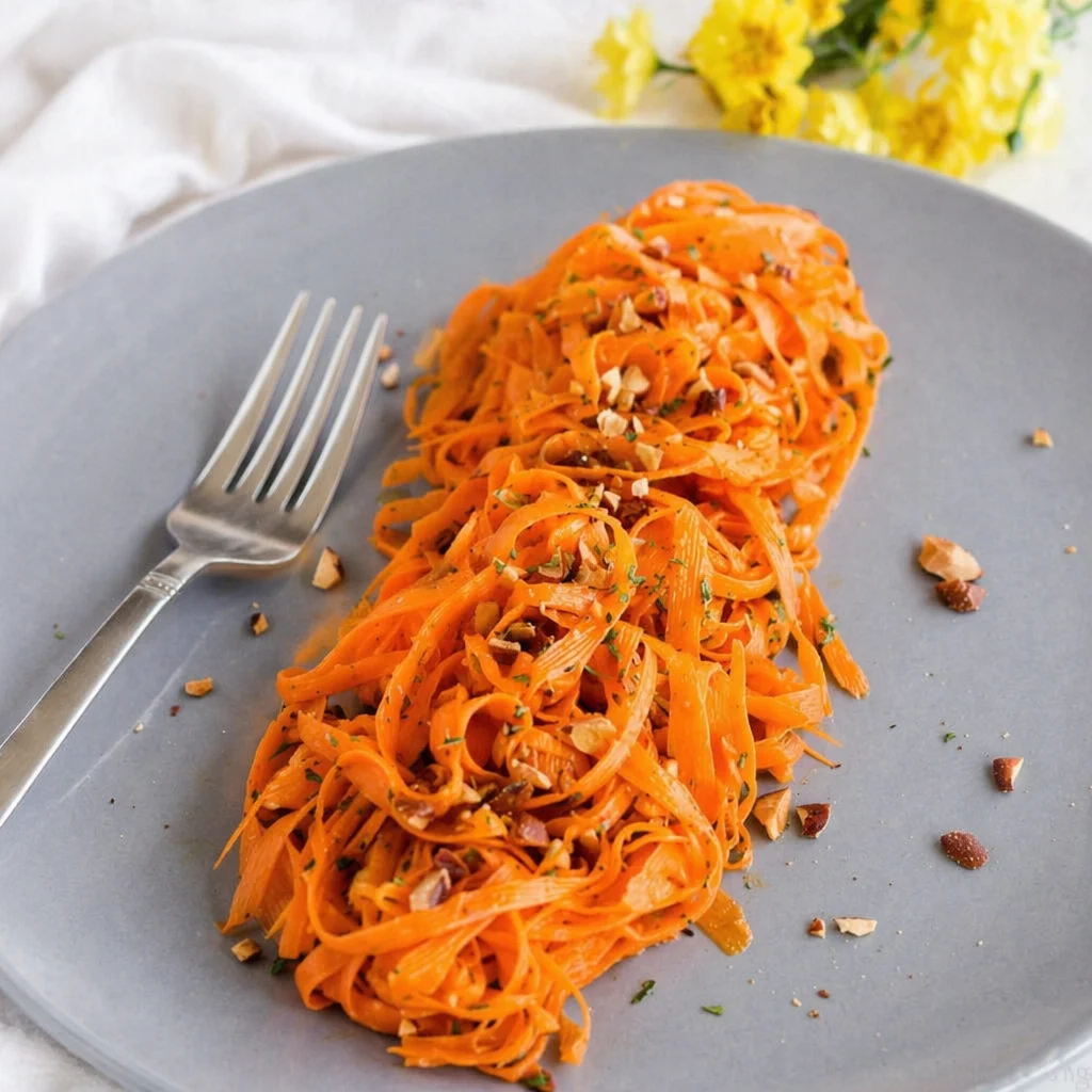 Easy Carrot Ribbon Salad with Toasted Almonds, served in a bowl, garnished with herbs.