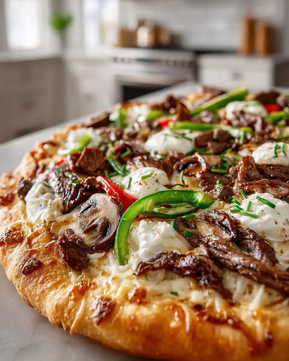 Delicious Philly Cheesesteak Pizza topped with meat and cheese.