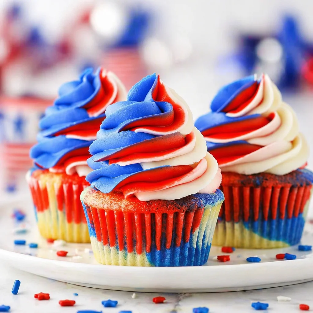 Delicious Fourth of July Patriotic Swirl Cupcakes decorated with red, white, and blue icing.