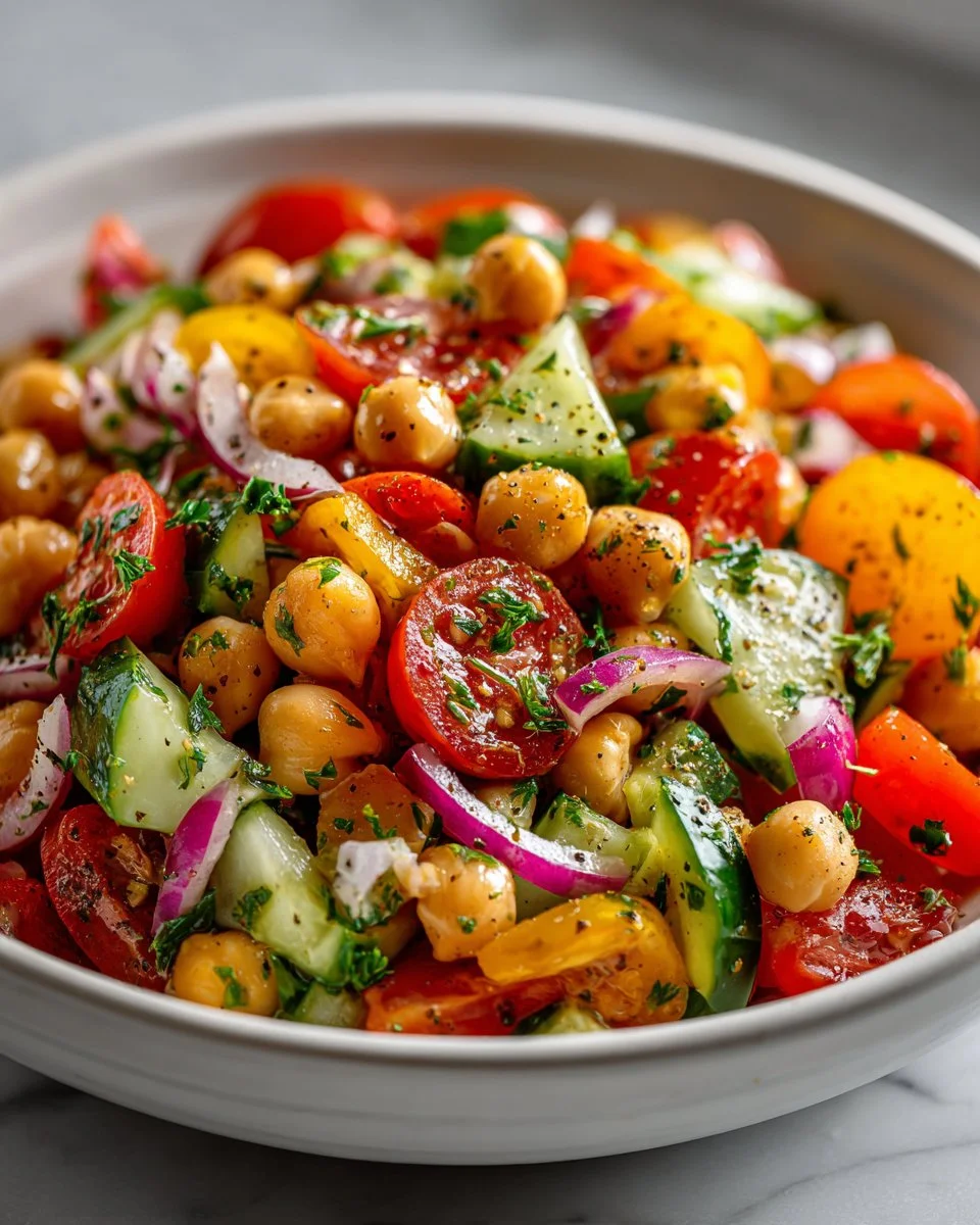 Fresh and healthy chickpea salad with vibrant vegetables and dressing.