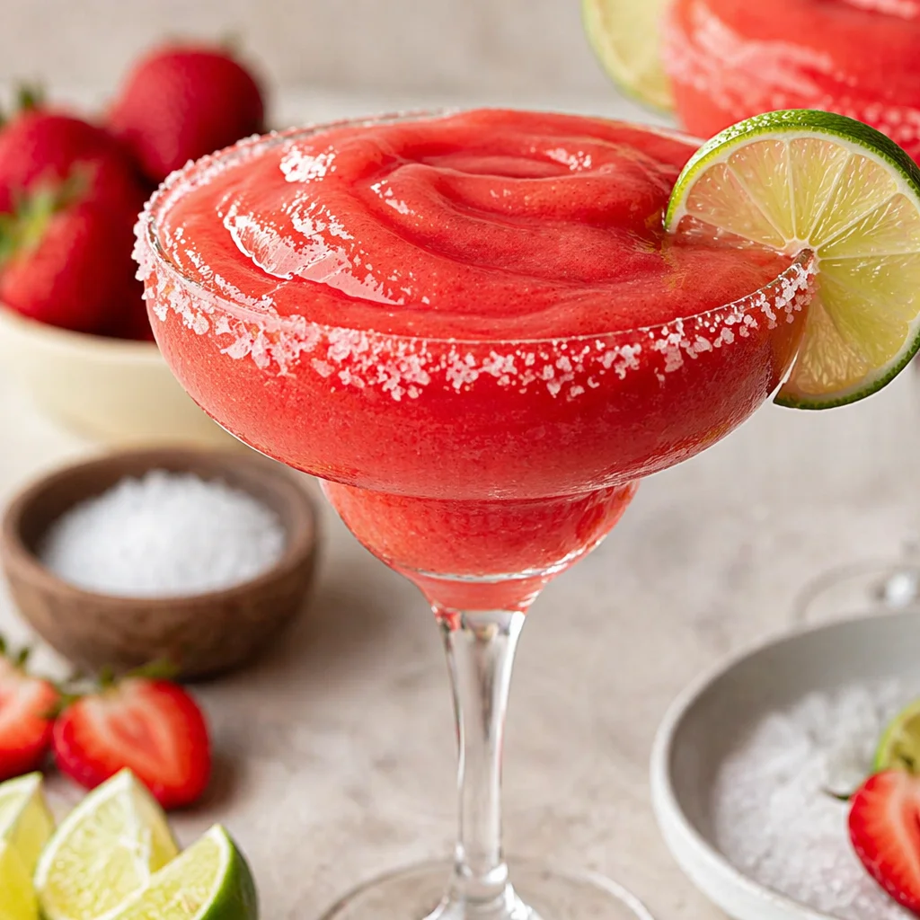 Frozen Strawberry Lemonade Mocktail in a glass garnished with fresh strawberries.