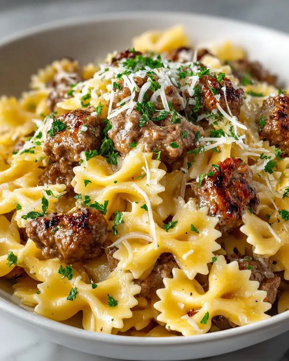 Plate of garlic butter beef served with cheesy bowtie pasta