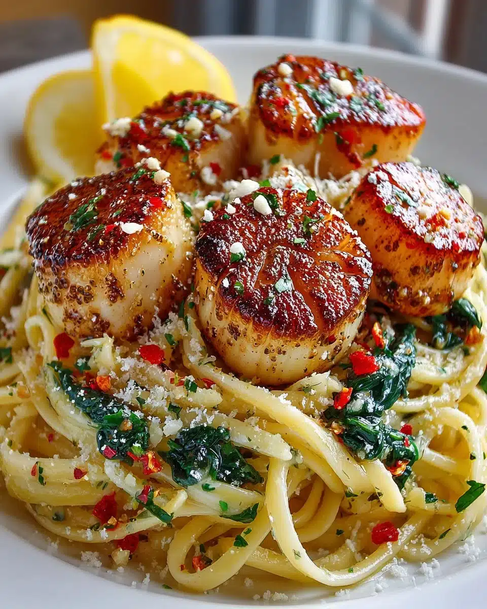 Delicious garlic butter scallop linguine served in a bowl with herbs.