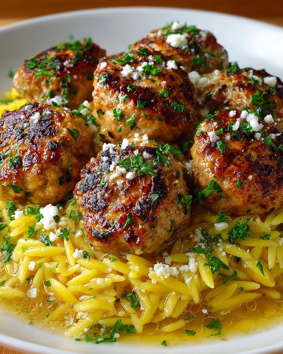 Plate of Greek chicken meatballs served with lemon orzo