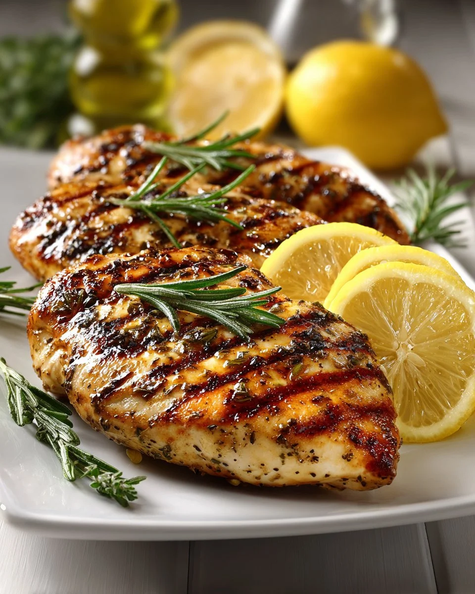 Grilled chicken breasts marinated with lemon herb marinade on a plate.