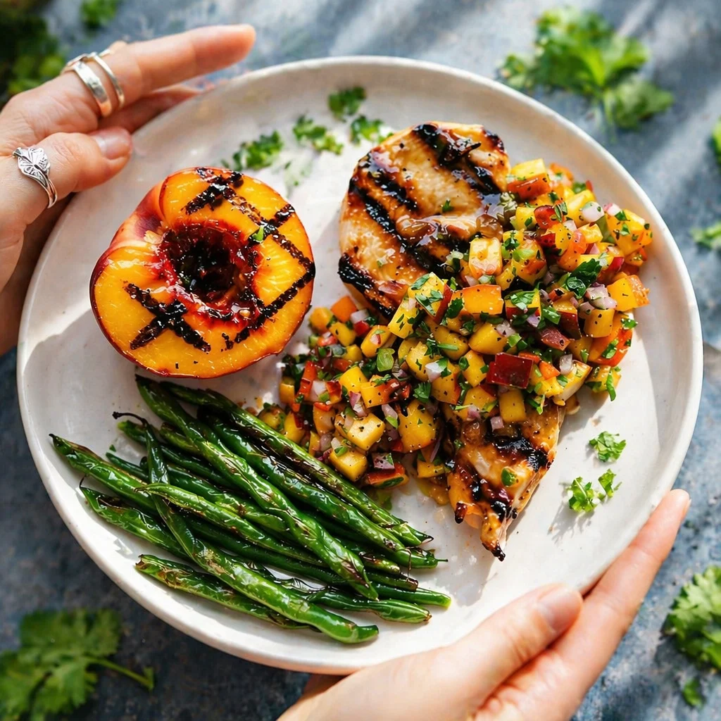 Delicious grilled chicken topped with fresh peach salsa, perfect for summer meals.