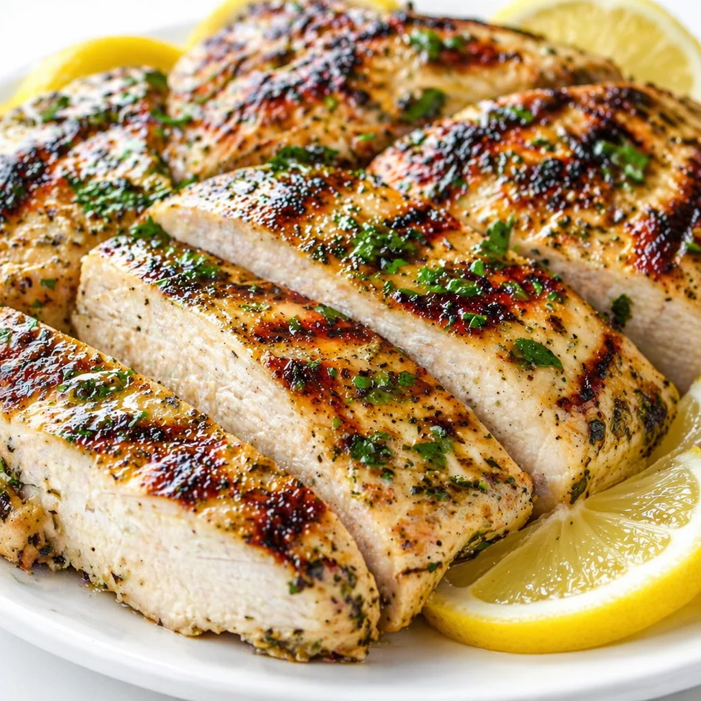 Juicy Grilled Lemon Herb Chicken Breasts garnished with lemon and herbs on a plate.