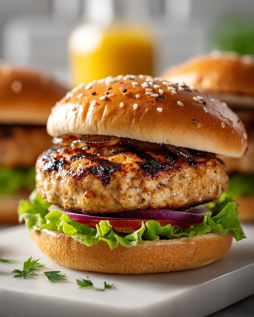 Grilled turkey burger topped with caramelized onions on a plate