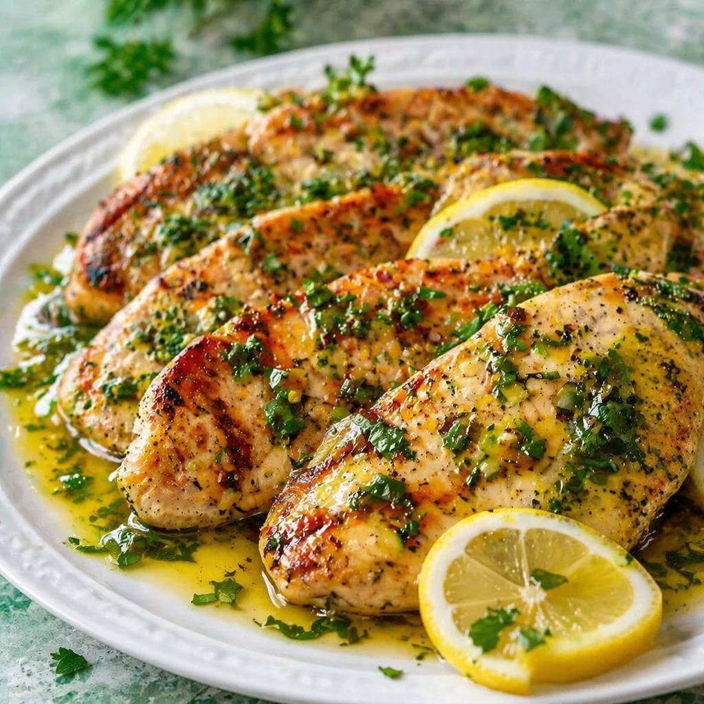 Grilled Turkey Cutlets with Lemon Vinaigrette served on a plate with fresh herbs.