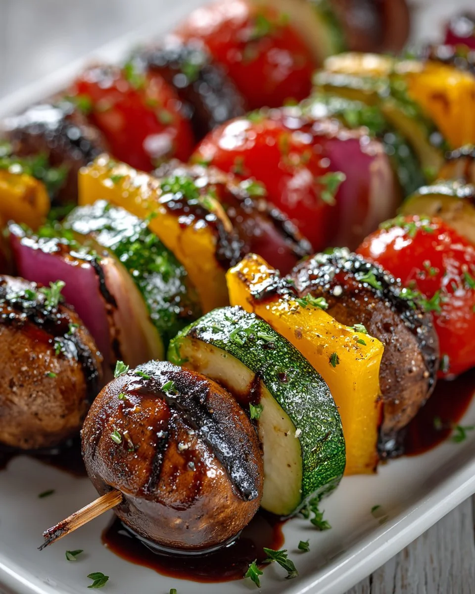 Delicious grilled vegetable skewers topped with balsamic glaze on a grill