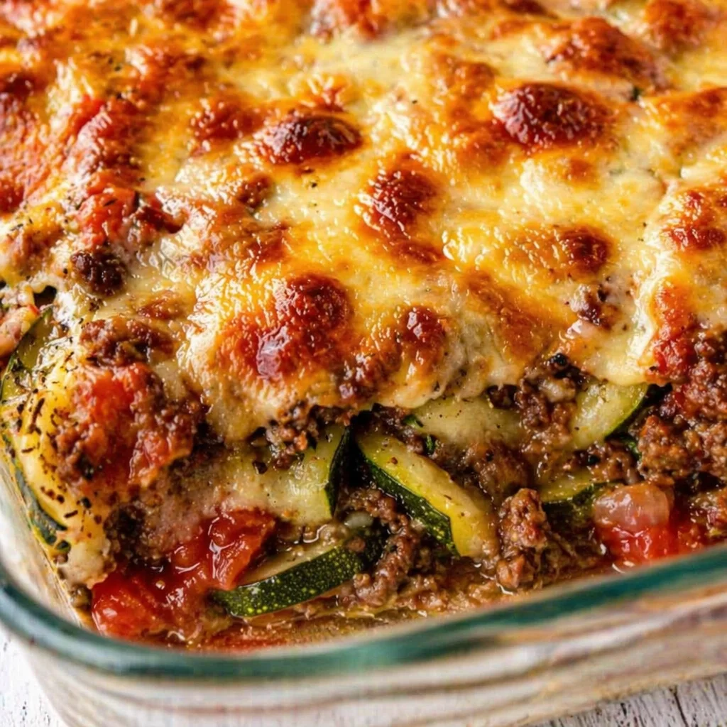 Healthy Beef and Zucchini Summer Casserole in a baking dish, packed with fresh vegetables.