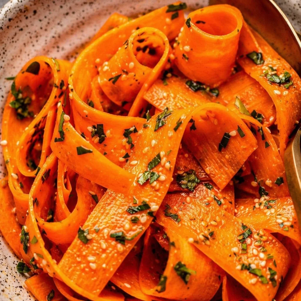 Healthy Carrot Ribbon Salad topped with fresh herbs and honey lime dressing