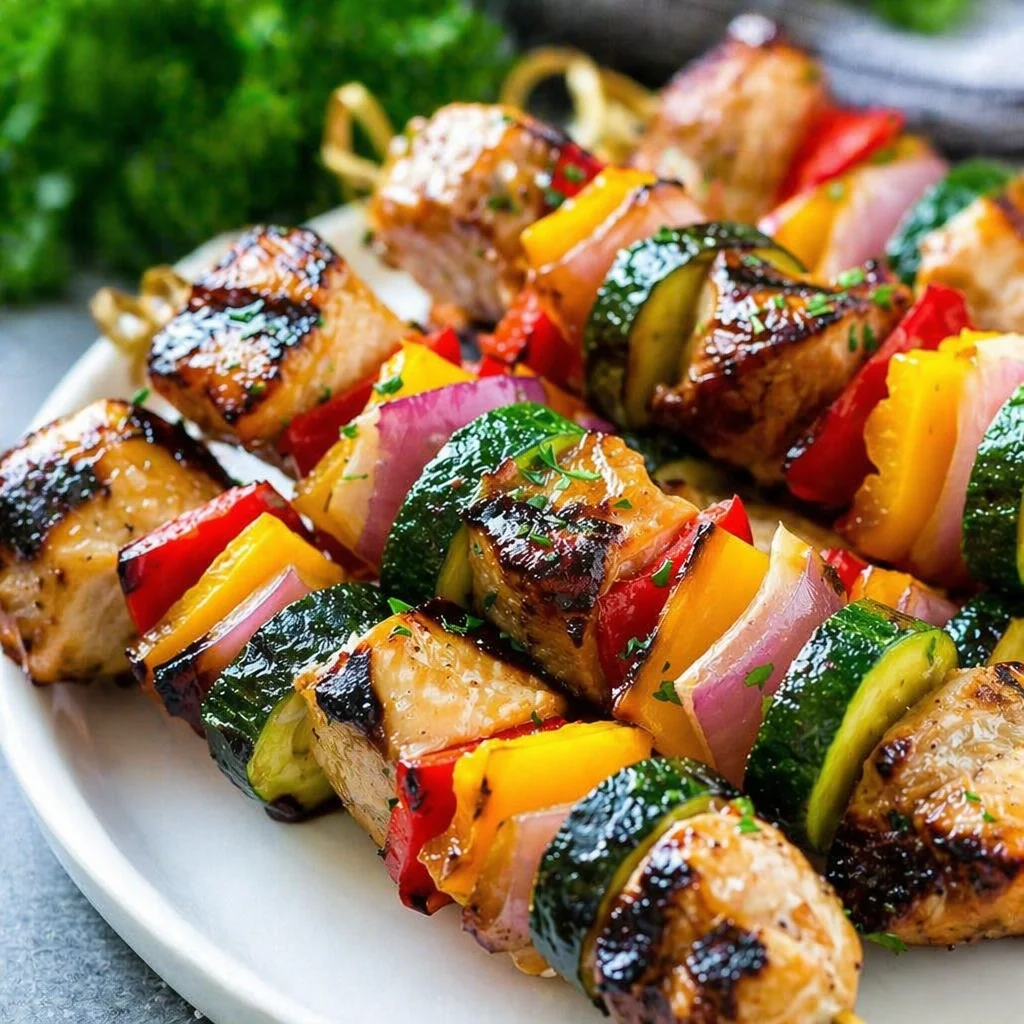 Healthy grilled chicken and vegetable kabobs on skewers, perfect for dinner.