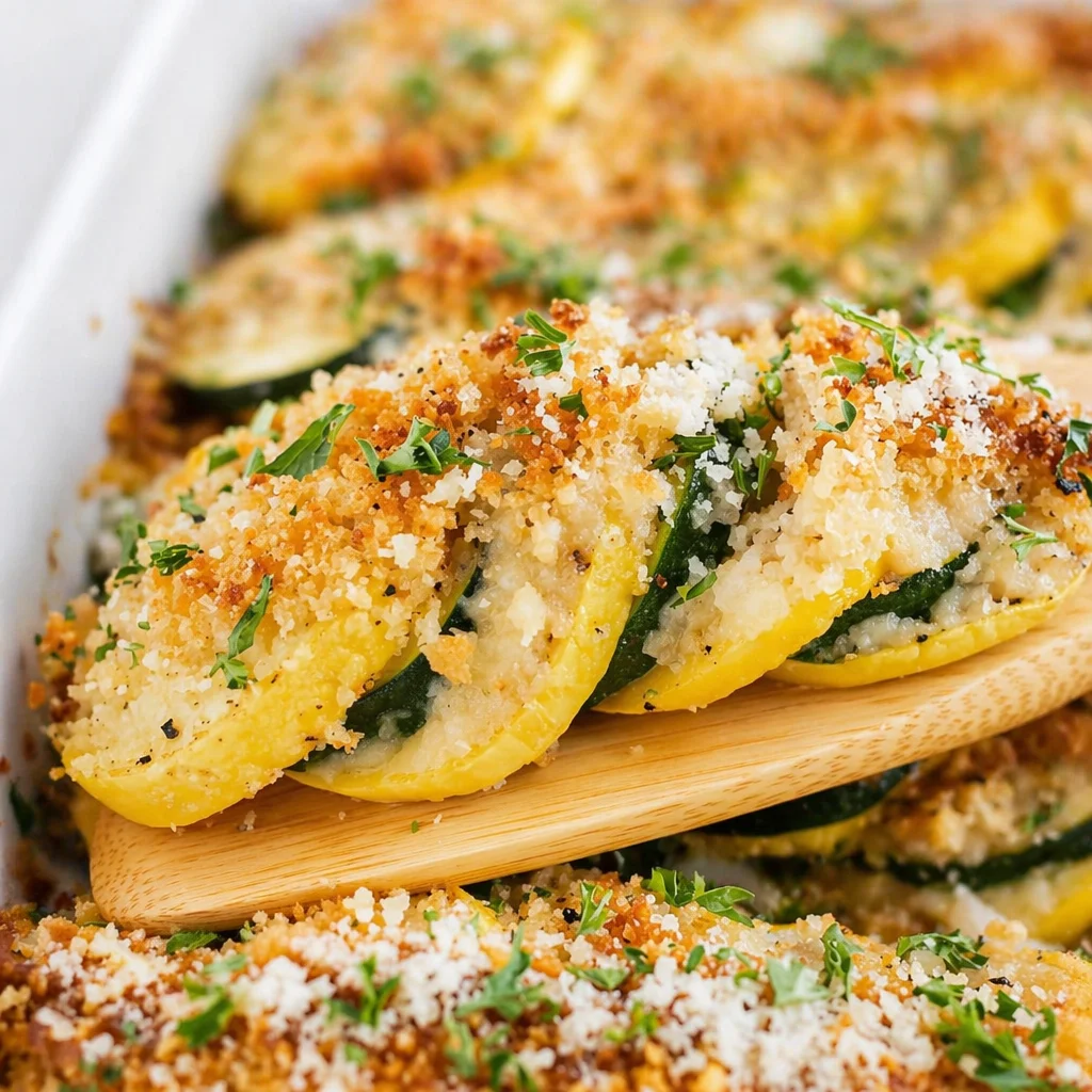 Healthy Summer Squash and Zucchini Casserole topped with crispy breadcrumbs