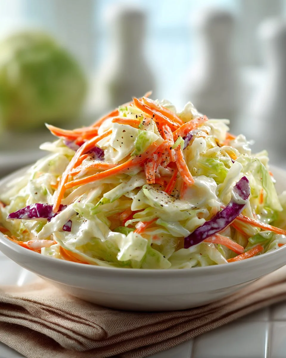 Homestyle creamy coleslaw served in a bowl with fresh ingredients