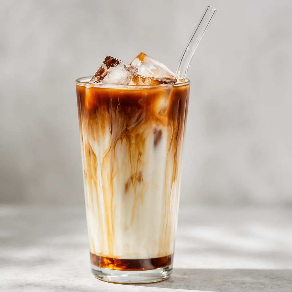 Iced Caramel Cloud Macchiato Mocktail served in a glass with caramel drizzle.