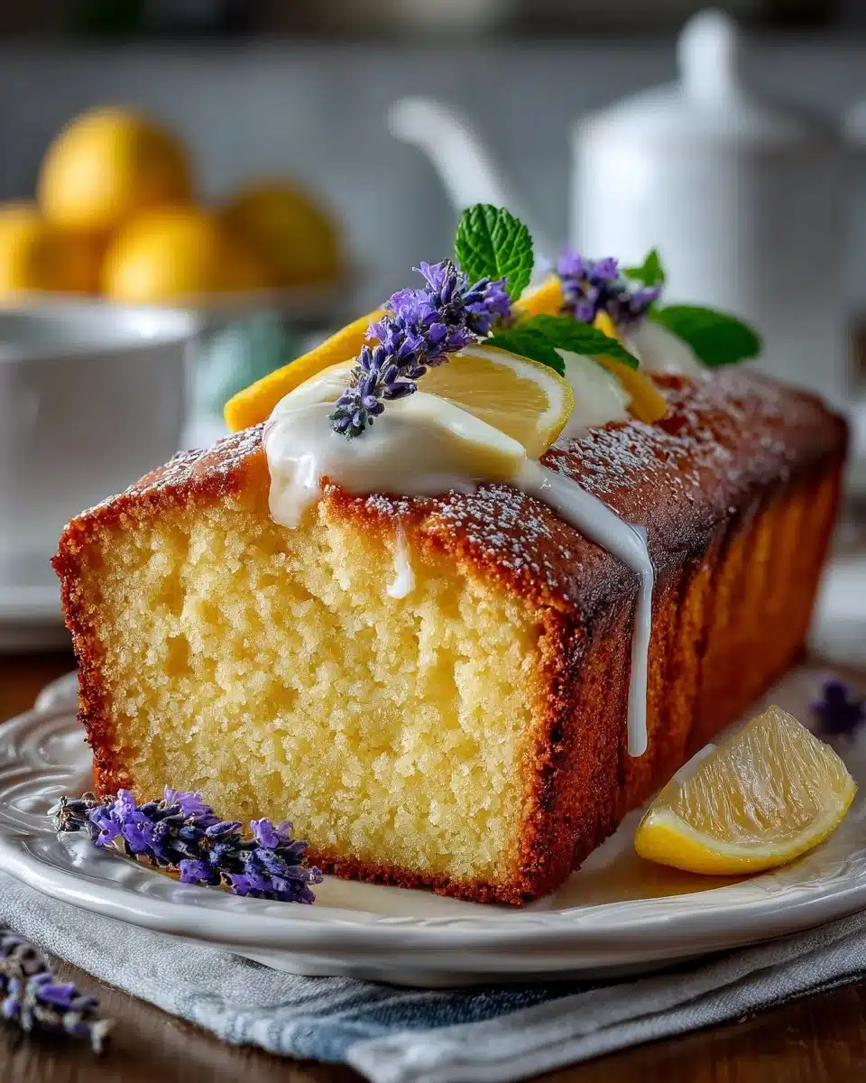 Delicious Lemon Lavender Pound Cake sliced on a wooden board