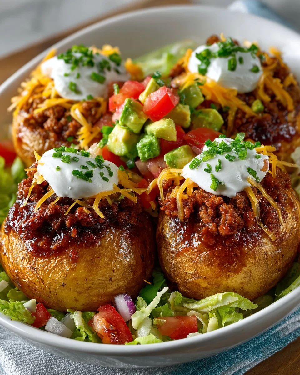 Delicious Loaded Potato Taco Bowl with crispy potatoes and colorful toppings