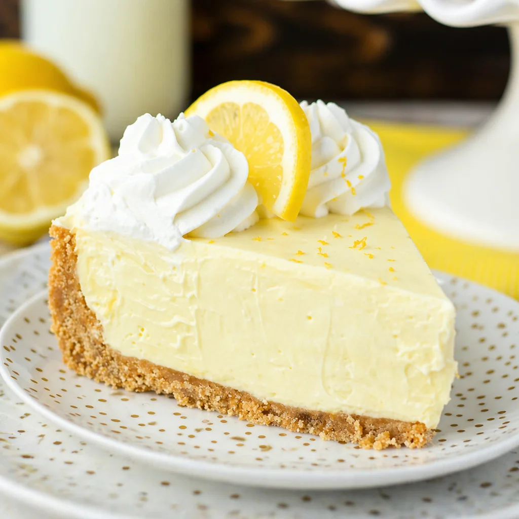 Slice of No Bake Lemon Cream Pie with graham cracker crust and lemon zest topping