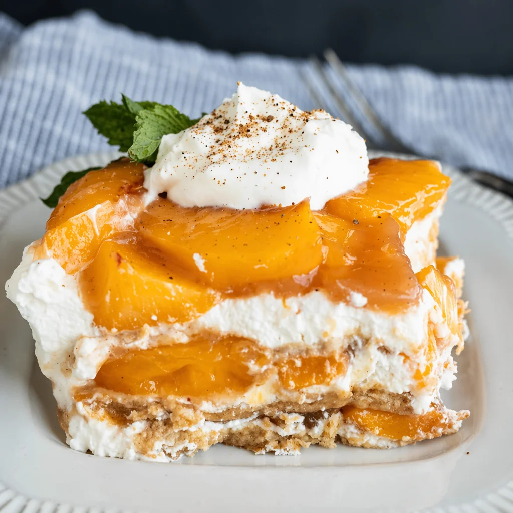 Delicious No Bake Peach Icebox Cake with layers of fresh peaches and creamy filling.
