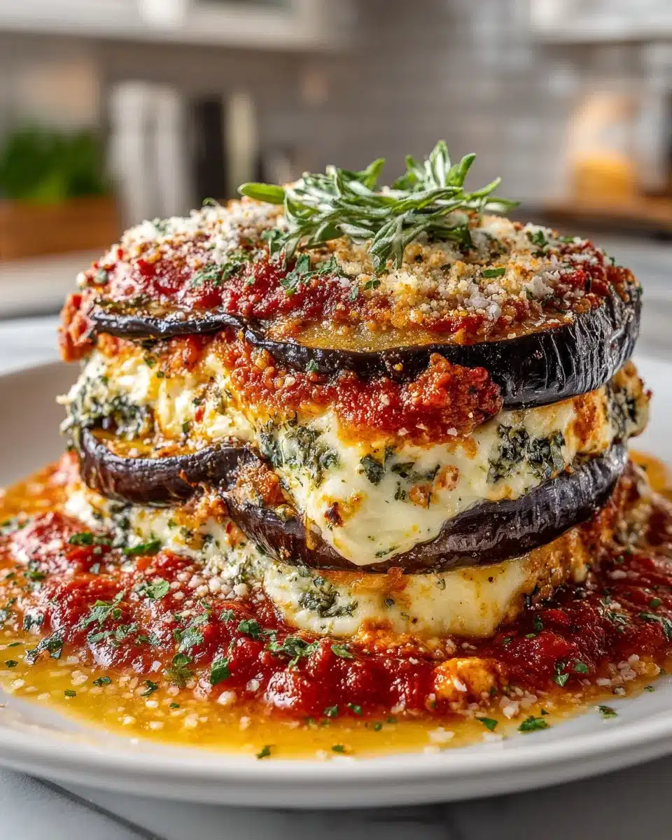 A serving of quick and simple eggplant lasagna with layers of cheese and sauce.