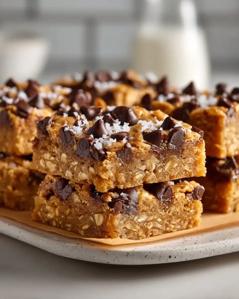 Homemade oatmeal peanut butter chocolate chip bars stacked on a plate