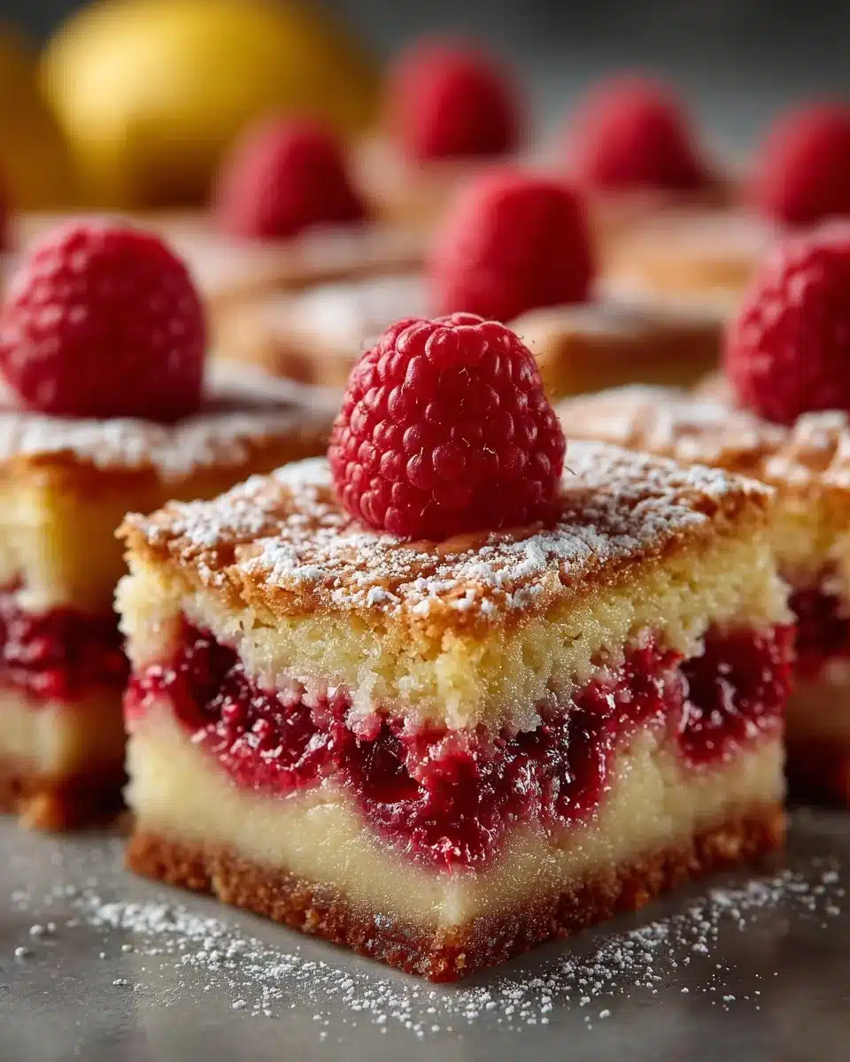 Delicious Raspberry Lemonade Blondie Squares on a marble countertop