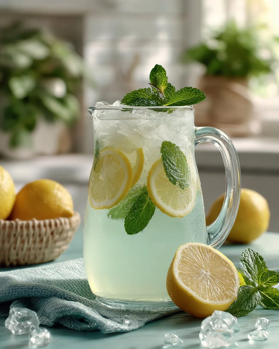 Pitcher of refreshing mint lemonade garnished with fresh mint leaves