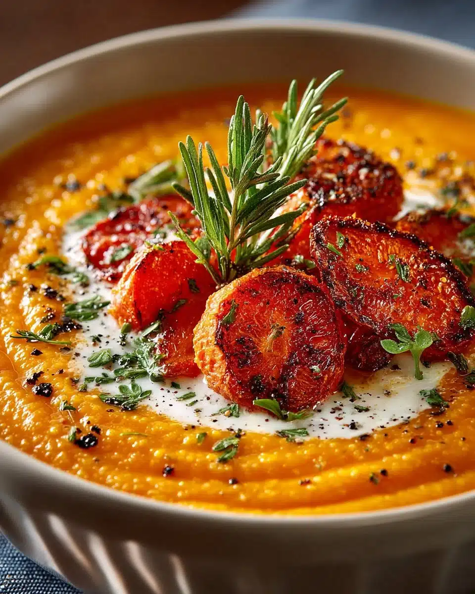 Bowl of roasted carrot ginger soup garnished with fresh herbs