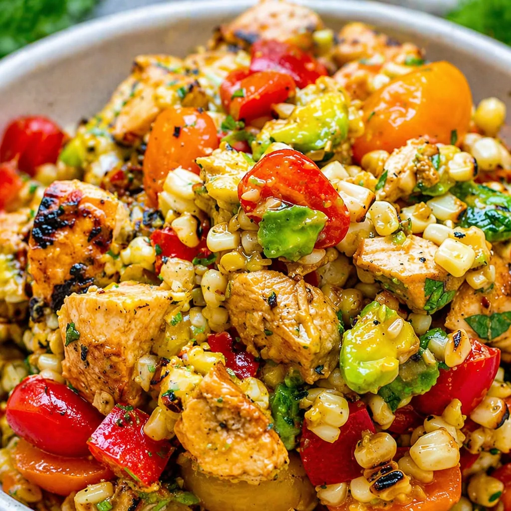 Roasted Corn and Chicken Summer Salad with fresh veggies and creamy dressing