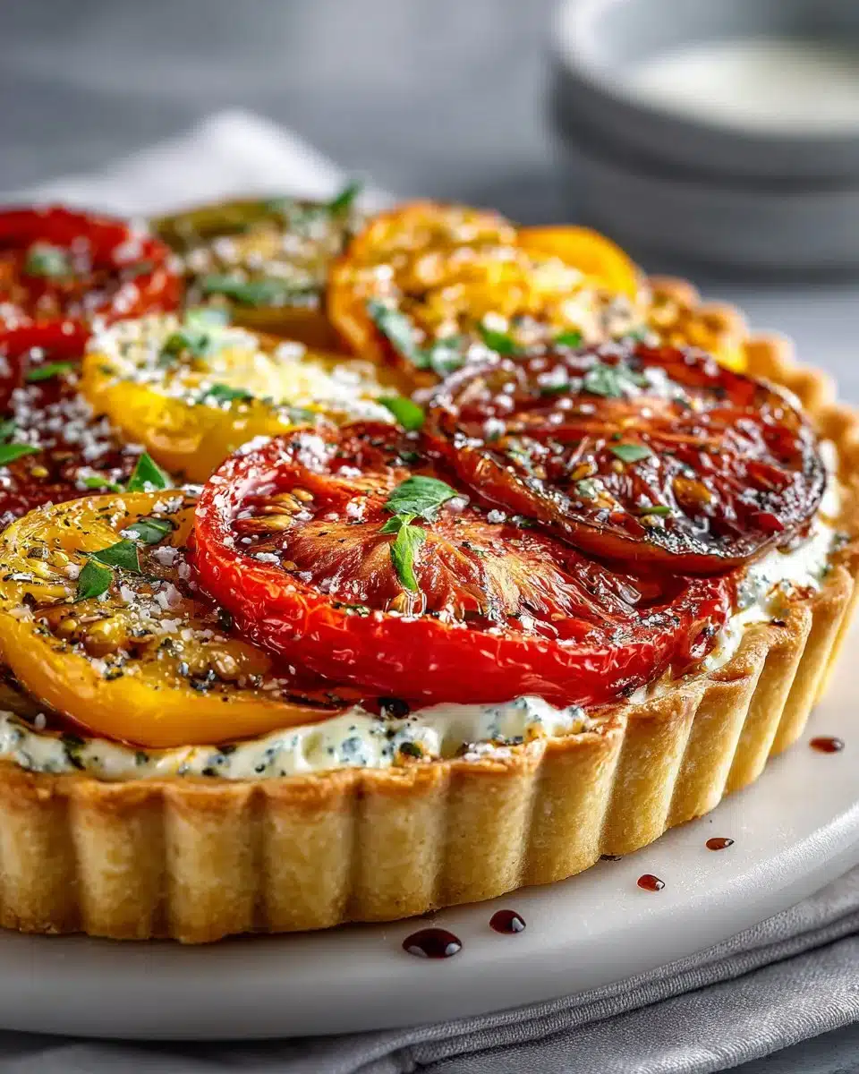 Delicious roasted heirloom tomato tart with fresh basil and flaky crust