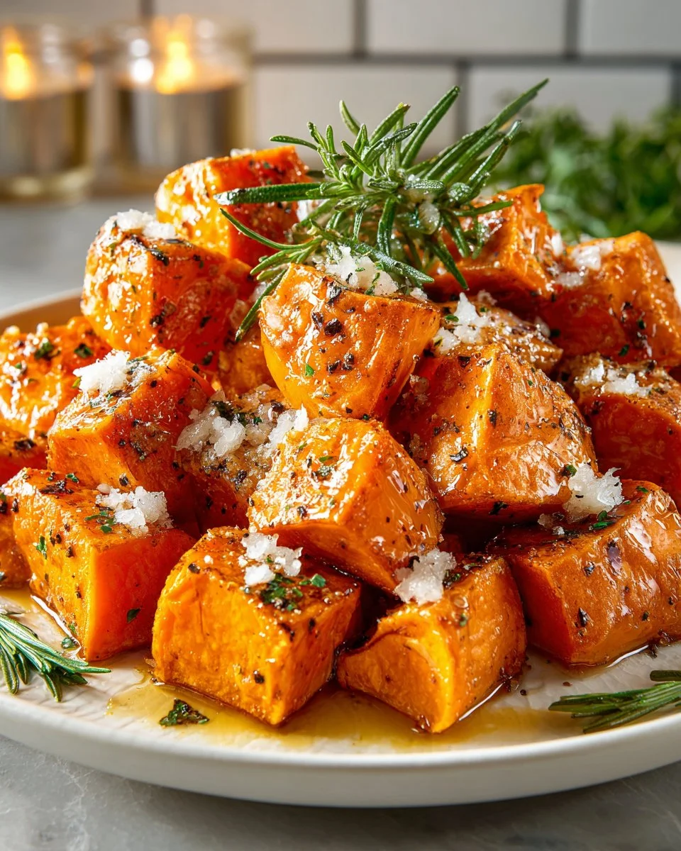 Delicious roasted sweet potatoes topped with cinnamon butter
