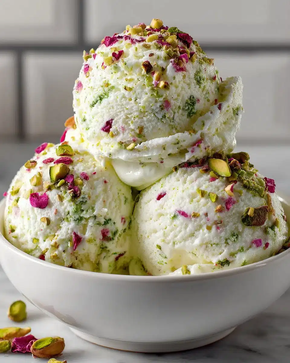 Delicious Rose Pistachio Cheesecake Ice Cream served in a cone with toppings