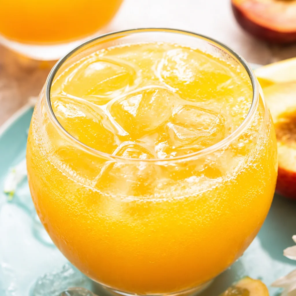 Sparkling Peach Lemonade Mocktail with fresh peaches and lemon garnish in a glass.